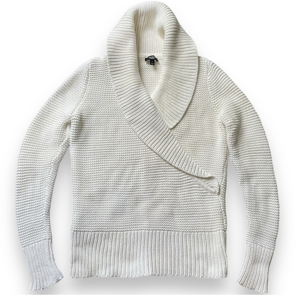 Talbots Ivory Cream Thick Shawl Neck Waffle Knit Pullover V-Neck Sweater Size PP - Picture 2 of 8